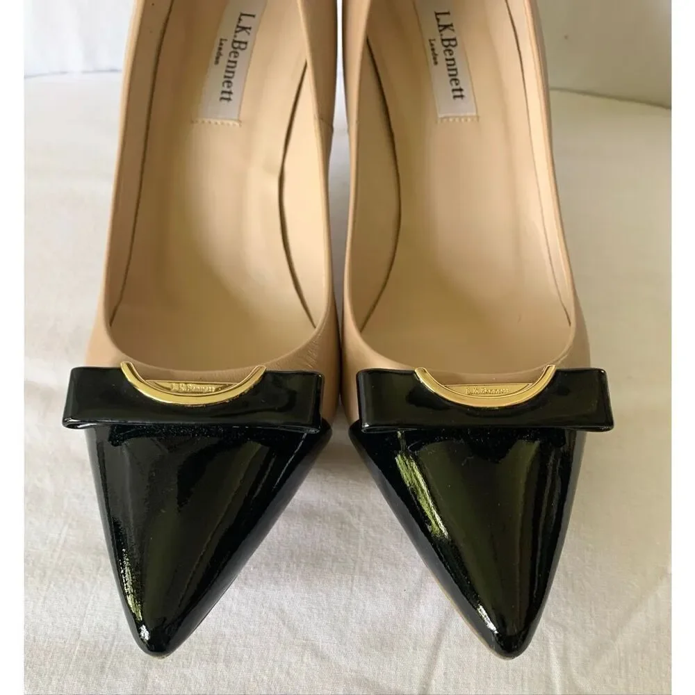L.K. Bennett Roxy Trench black & tan Leather Heels Pumps Shoes sz 38